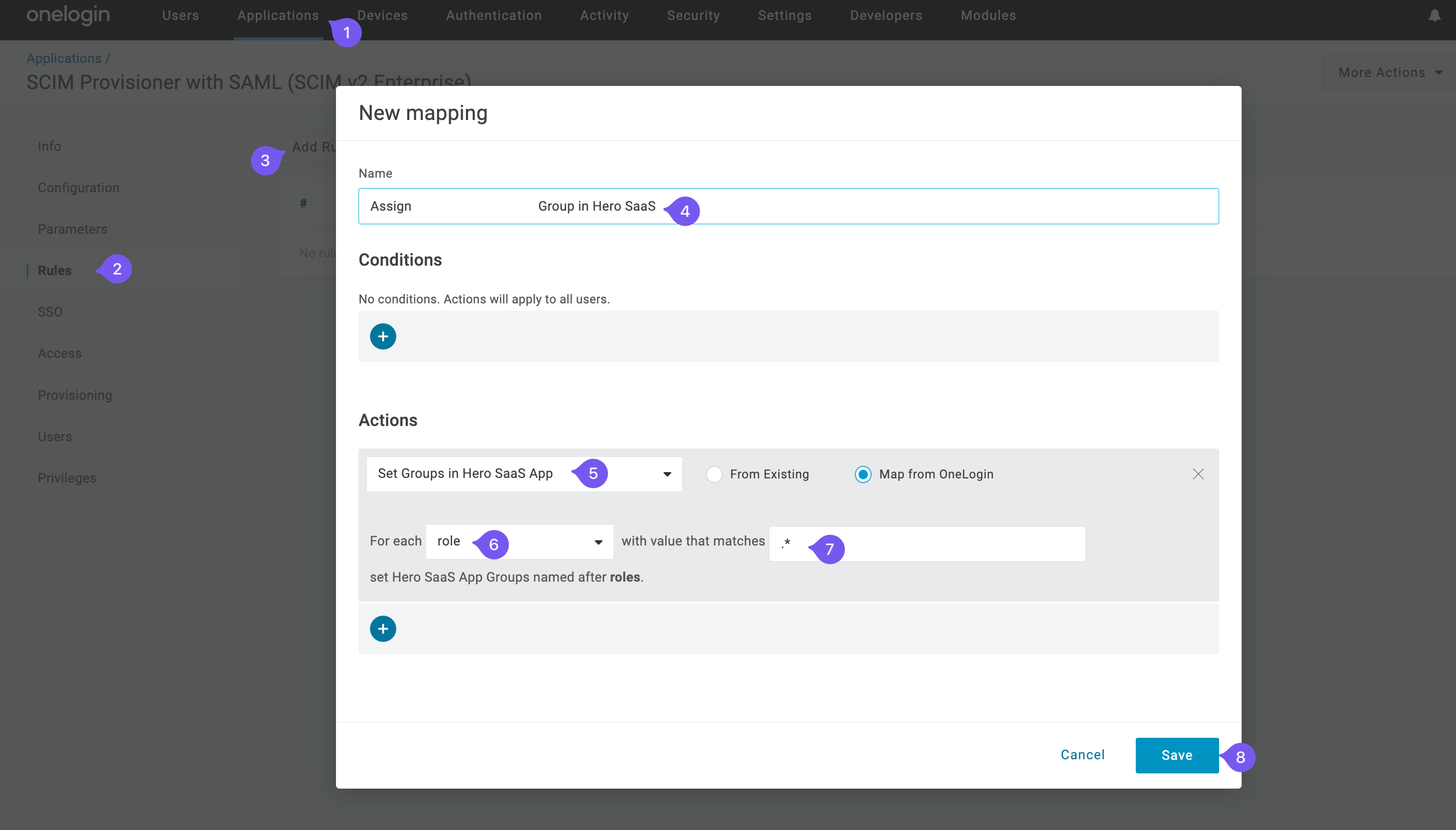 Configuring a new mapping for group assignment in the Hero SaaS App using OneLogin.