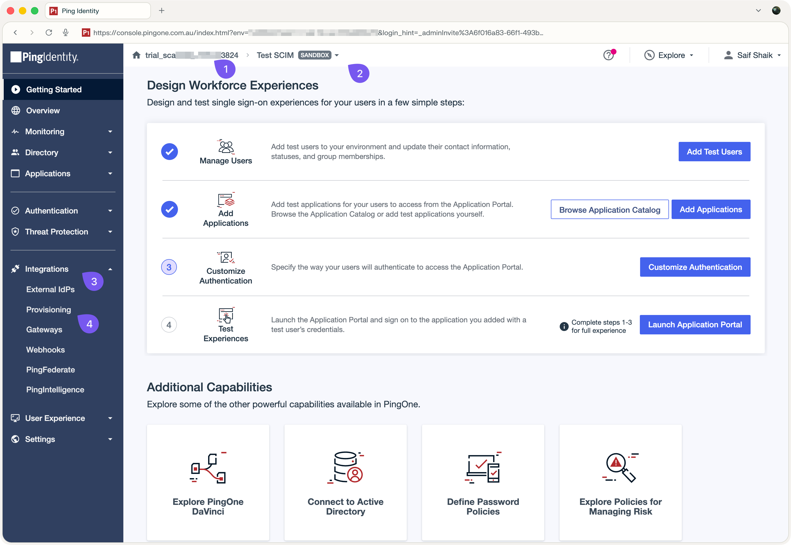 PingIdentity console showing Integrations > Provisioning selection